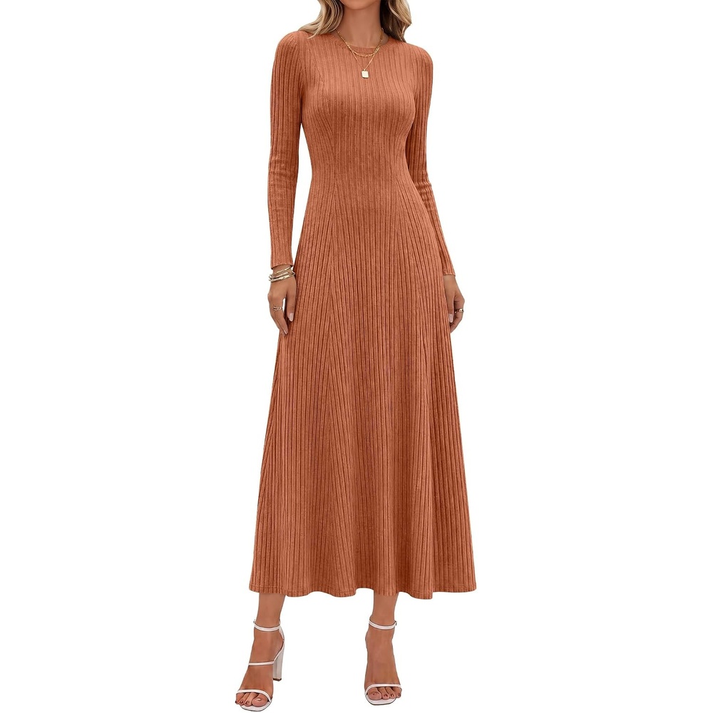 image:imageANRABESS Womens Long Sleeve Ribbed Knit Fall Casual Maxi DressCaramel