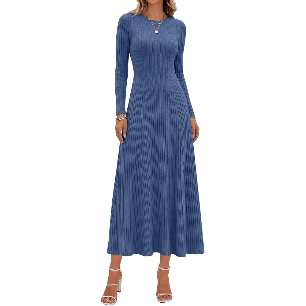 image:imageANRABESS Womens Long Sleeve Ribbed Knit Fall Casual Maxi DressNavy Blue