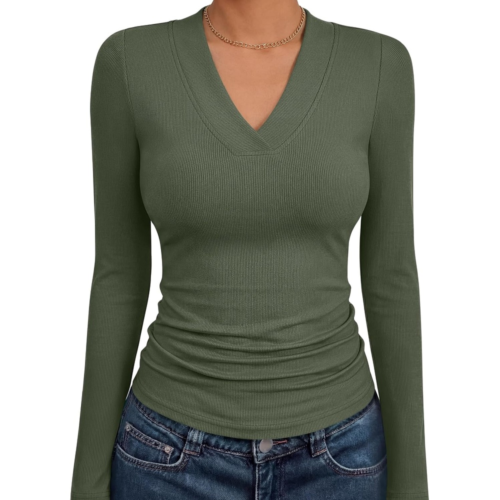 image:imageANRABESS Womens Long Sleeve Shirts V Neck Ribbed Knit Fitted Fall TopsArmy Green