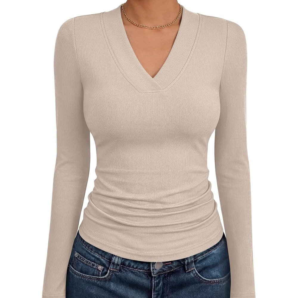 image:imageANRABESS Womens Long Sleeve Shirts V Neck Ribbed Knit Fitted Fall TopsBeige