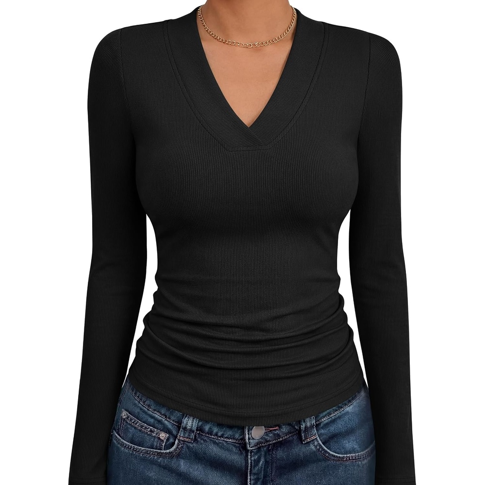 image:imageANRABESS Womens Long Sleeve Shirts V Neck Ribbed Knit Fitted Fall TopsBlack