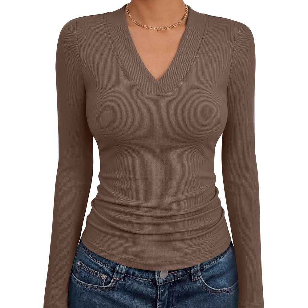 image:imageANRABESS Womens Long Sleeve Shirts V Neck Ribbed Knit Fitted Fall TopsBrown