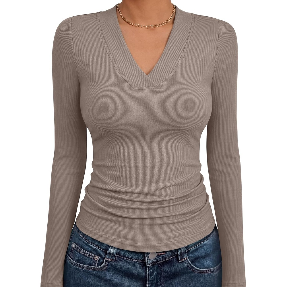 image:imageANRABESS Womens Long Sleeve Shirts V Neck Ribbed Knit Fitted Fall TopsDeep Khaki