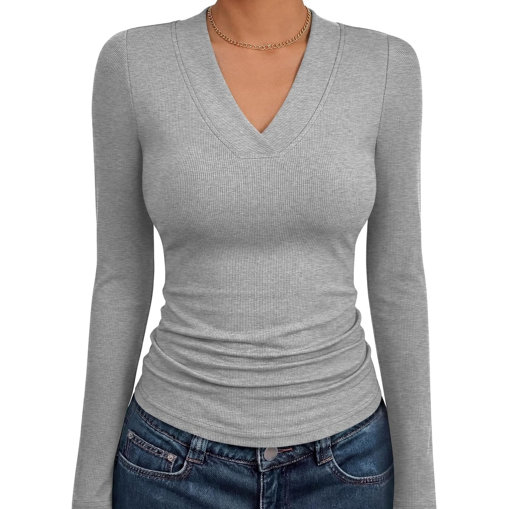 image:imageANRABESS Womens Long Sleeve Shirts V Neck Ribbed Knit Fitted Fall TopsGrey