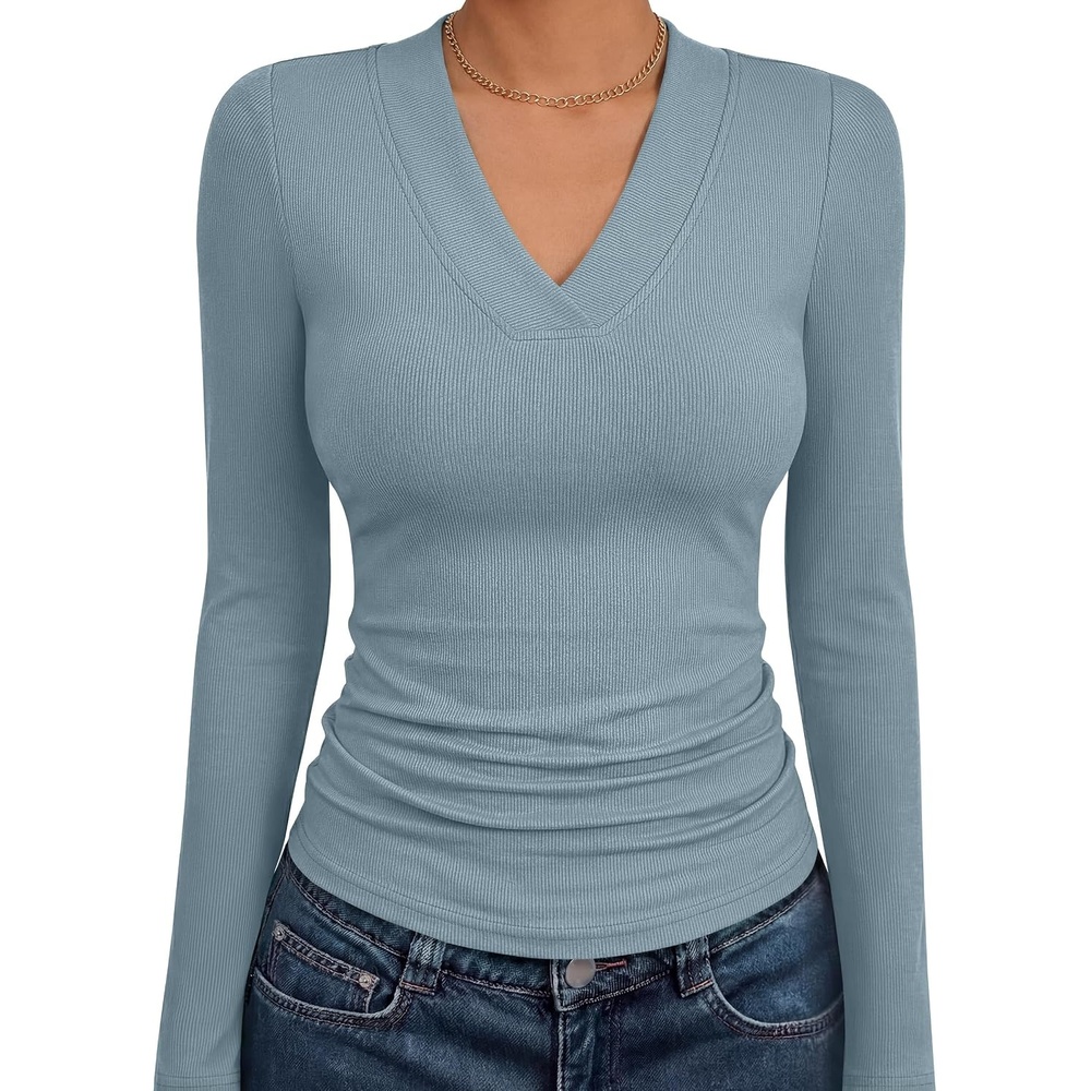 image:imageANRABESS Womens Long Sleeve Shirts V Neck Ribbed Knit Fitted Fall TopsGrey Blue