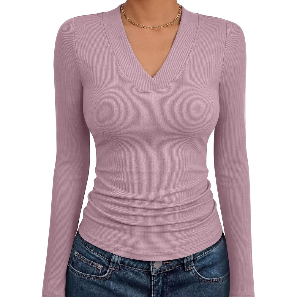 image:imageANRABESS Womens Long Sleeve Shirts V Neck Ribbed Knit Fitted Fall TopsLight Purple