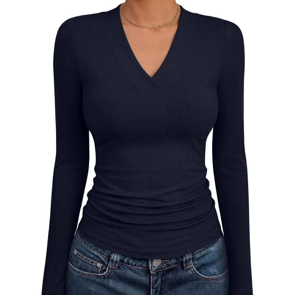 image:imageANRABESS Womens Long Sleeve Shirts V Neck Ribbed Knit Fitted Fall TopsNavy Blue