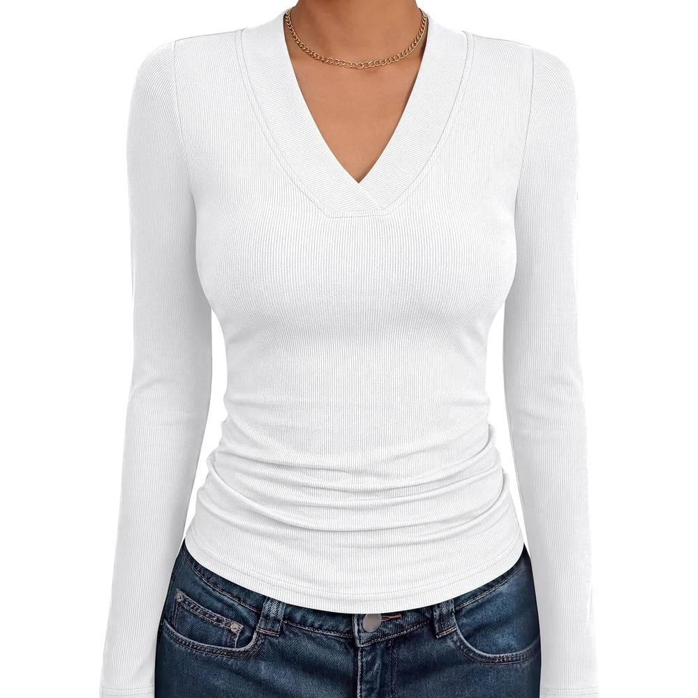 image:imageANRABESS Womens Long Sleeve Shirts V Neck Ribbed Knit Fitted Fall TopsWhite