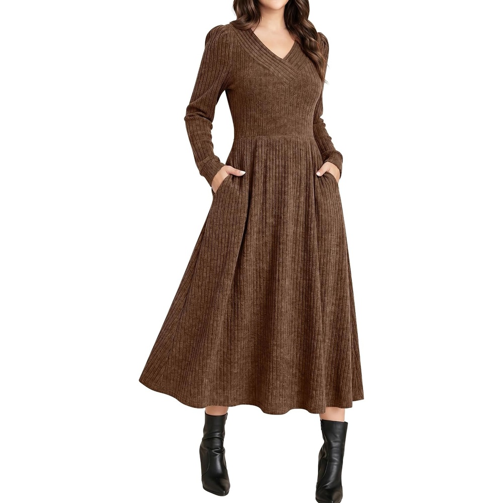 image:imageANRABESS Womens Long Sleeve V Neck A Line Fall Midi DressDark Brown