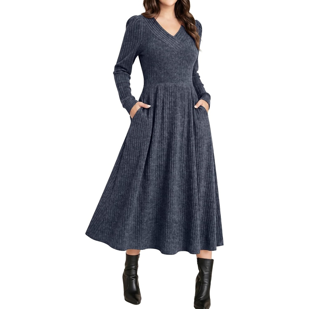 image:imageANRABESS Womens Long Sleeve V Neck A Line Fall Midi DressNavy Blue