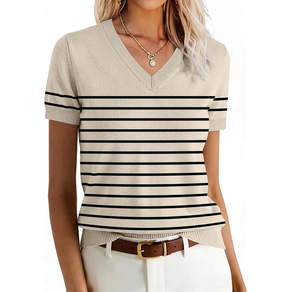 image:imageANRABESS Womens Short Sleeve Sweater Top Wool Blend Business Casual OutfitsBeige Black Stripe