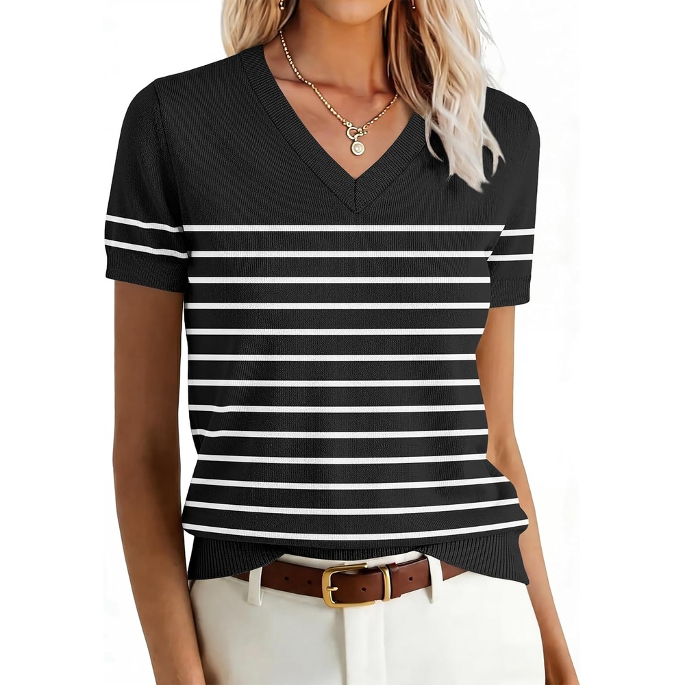 image:imageANRABESS Womens Short Sleeve Sweater Top Wool Blend Business Casual OutfitsBlack White Stripe