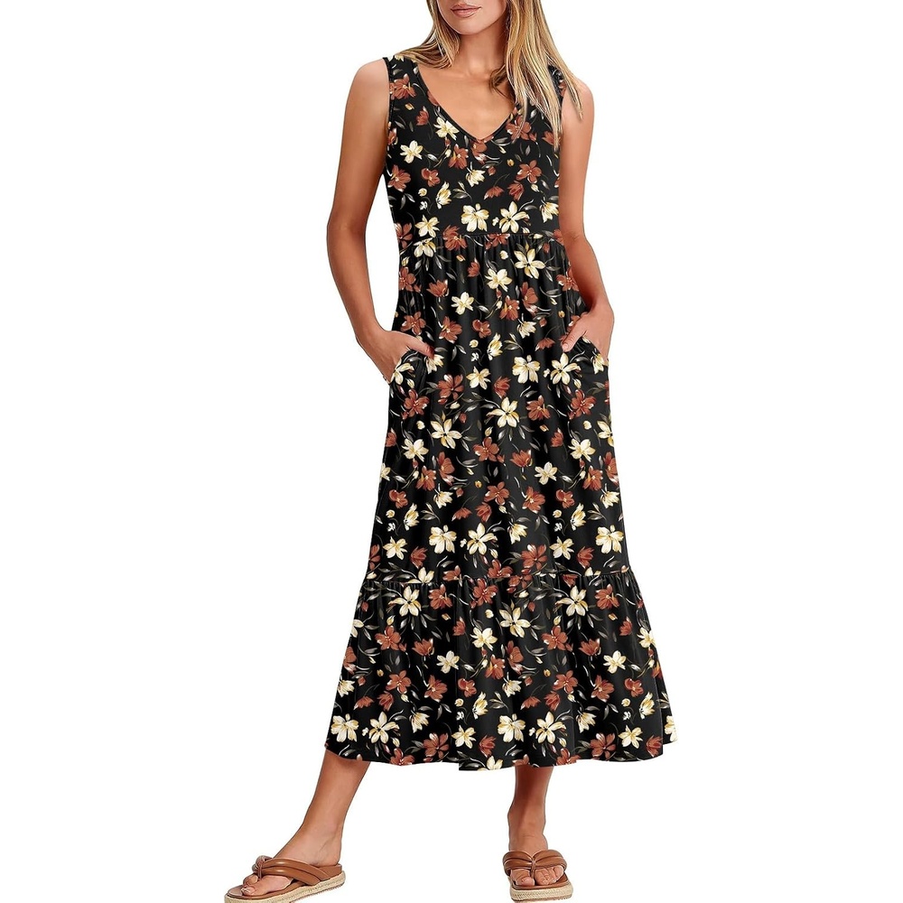 image:imageANRABESS Womens Sleeveless Summer Casual Maxi Dresses with PocketsBlack With Floral Red Yellow