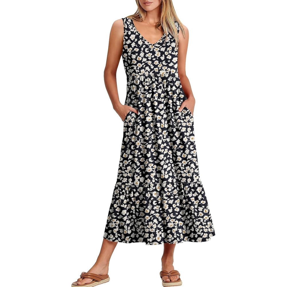 image:imageANRABESS Womens Sleeveless Summer Casual Maxi Dresses with PocketsBlack With Floral White