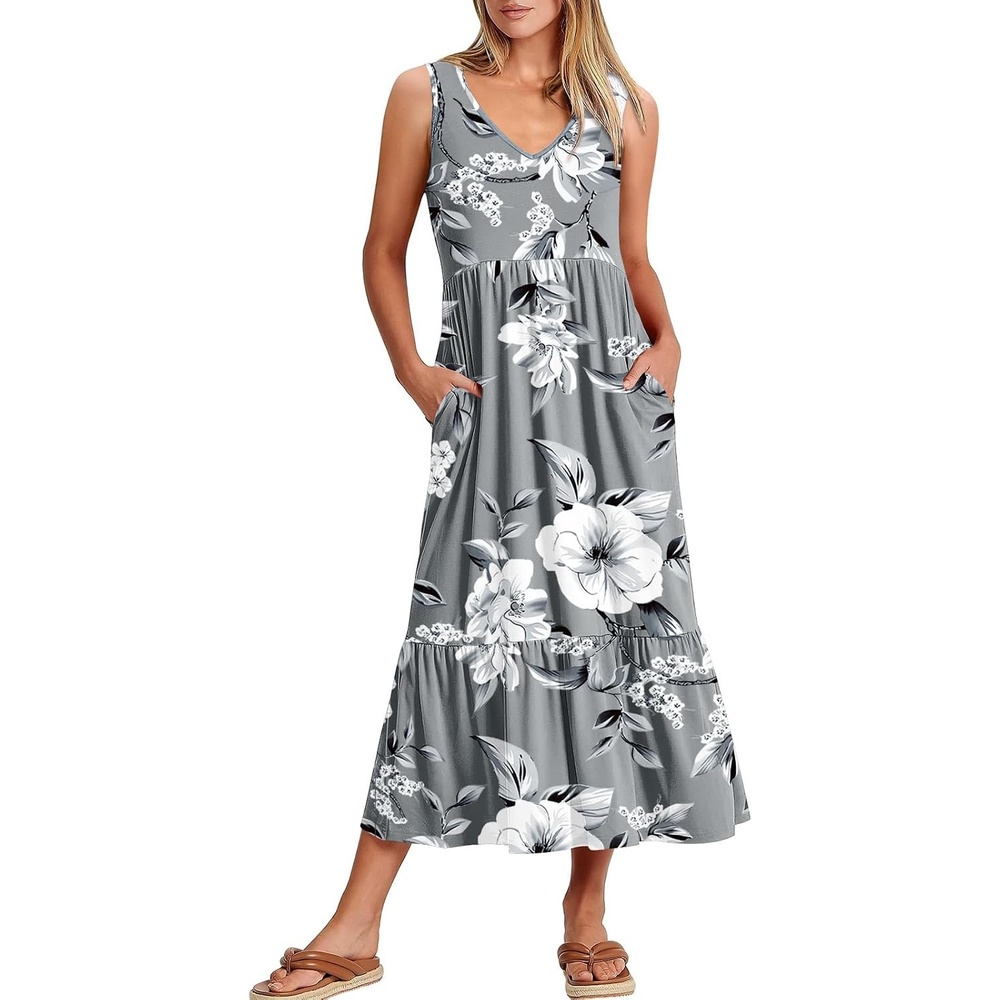 image:imageANRABESS Womens Sleeveless Summer Casual Maxi Dresses with PocketsGrey With Floral White