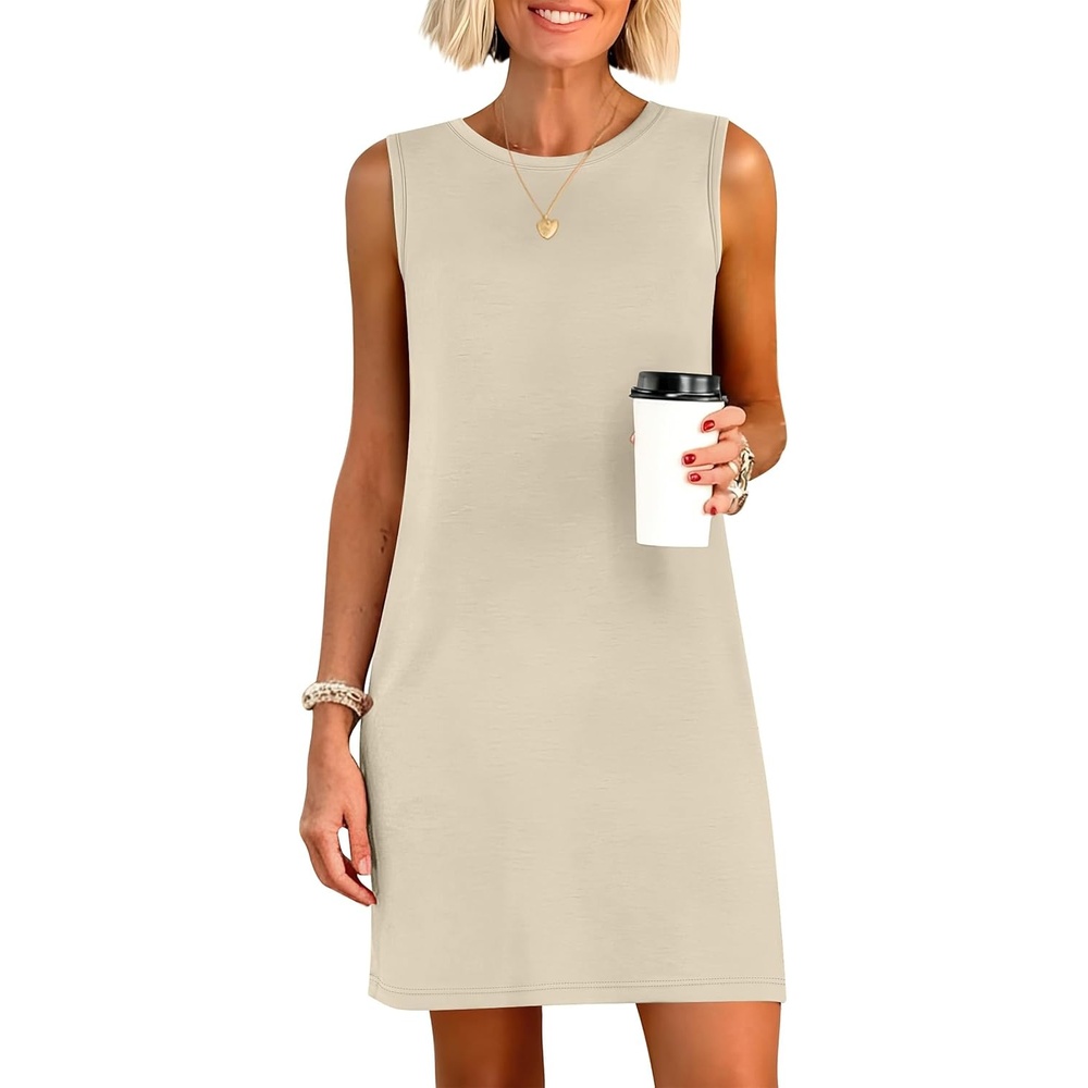 image:imageANRABESS Womens Wrinkle Free Summer Casual Sleeveless Mini DressesBeige
