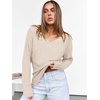 ANRABESS Ribbed V Neck Long Sleeve Shirts for Women(Beige)