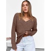 ANRABESS Ribbed V Neck Long Sleeve Shirts for Women(Dark Brown)