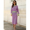 ANRABESS Women 2 Piece Striped Sweater Skirt Set(Pink Green)