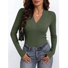 ANRABESS Womens Long Sleeve Shirts V Neck Ribbed Knit Fitted Fall Tops(Army Green)