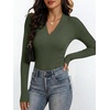 ANRABESS Womens Long Sleeve Shirts V Neck Ribbed Knit Fitted Fall Tops(Army Green)