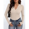 ANRABESS Womens Long Sleeve Shirts V Neck Ribbed Knit Fitted Fall Tops(Beige)
