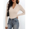 ANRABESS Womens Long Sleeve Shirts V Neck Ribbed Knit Fitted Fall Tops(Beige)