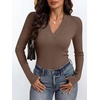 ANRABESS Womens Long Sleeve Shirts V Neck Ribbed Knit Fitted Fall Tops(Brown)