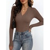 ANRABESS Womens Long Sleeve Shirts V Neck Ribbed Knit Fitted Fall Tops(Brown)