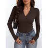 ANRABESS Womens Long Sleeve Shirts V Neck Ribbed Knit Fitted Fall Tops(Coffee)