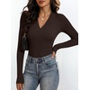 ANRABESS Womens Long Sleeve Shirts V Neck Ribbed Knit Fitted Fall Tops(Coffee)
