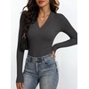 ANRABESS Womens Long Sleeve Shirts V Neck Ribbed Knit Fitted Fall Tops(Deep Grey)