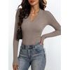 ANRABESS Womens Long Sleeve Shirts V Neck Ribbed Knit Fitted Fall Tops(Deep Khaki)