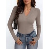 ANRABESS Womens Long Sleeve Shirts V Neck Ribbed Knit Fitted Fall Tops(Deep Khaki)