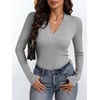 ANRABESS Womens Long Sleeve Shirts V Neck Ribbed Knit Fitted Fall Tops(Grey)