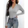 ANRABESS Womens Long Sleeve Shirts V Neck Ribbed Knit Fitted Fall Tops(Grey)