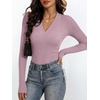 ANRABESS Womens Long Sleeve Shirts V Neck Ribbed Knit Fitted Fall Tops(Light Purple)