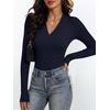 ANRABESS Womens Long Sleeve Shirts V Neck Ribbed Knit Fitted Fall Tops(Navy Blue)