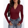 ANRABESS Womens Long Sleeve Shirts V Neck Ribbed Knit Fitted Fall Tops(Wine Red)