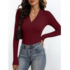 ANRABESS Womens Long Sleeve Shirts V Neck Ribbed Knit Fitted Fall Tops(Wine Red)