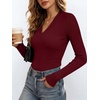 ANRABESS Womens Long Sleeve Shirts V Neck Ribbed Knit Fitted Fall Tops(Wine Red)
