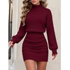 ANRABESS Women’s Turtleneck Long Sleeve Bodycon Mini Sweater Dress(Burgundy)