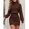 ANRABESS Women’s Turtleneck Long Sleeve Bodycon Mini Sweater Dress(Dark Brown)
