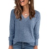 ANRABESS Ribbed V Neck Long Sleeve Shirts for Women(Dark Blue)