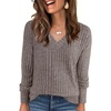 ANRABESS Ribbed V Neck Long Sleeve Shirts for Women(Deep Coffee)