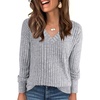 ANRABESS Ribbed V Neck Long Sleeve Shirts for Women(Grey)