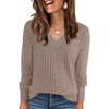 ANRABESS Ribbed V Neck Long Sleeve Shirts for Women(Khaki)