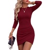 ANRABESS Womens Fall Long Sleeve Ribbed Knit Bodycon Mini Wrap Dresses(Deep Red)