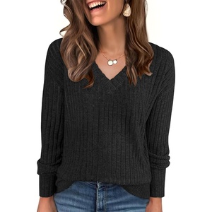 ANRABESS Ribbed V Neck Long Sleeve Shirts for Women(Black)