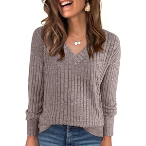ANRABESS Ribbed V Neck Long Sleeve Shirts for Women(Coffee)